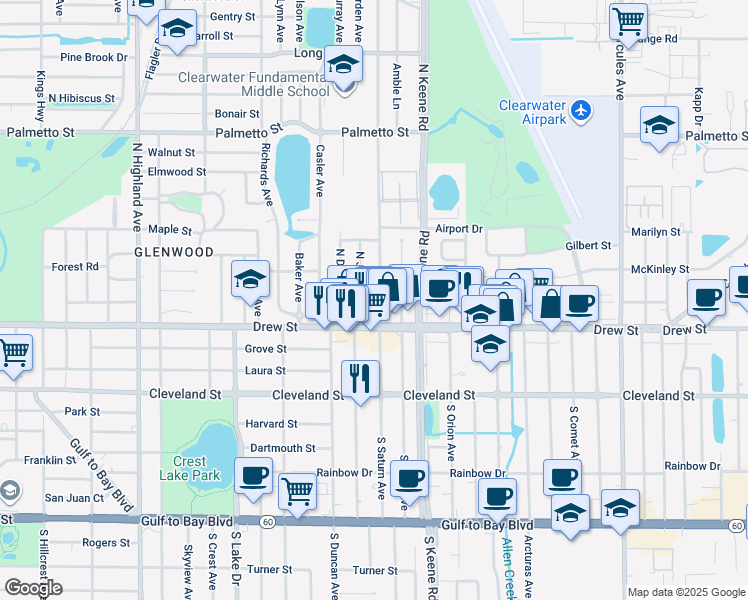 map of restaurants, bars, coffee shops, grocery stores, and more near 226 North Saturn Avenue in Clearwater