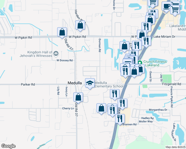 map of restaurants, bars, coffee shops, grocery stores, and more near 1050 Krenson Woods Road in Lakeland