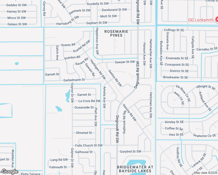 map of restaurants, bars, coffee shops, grocery stores, and more near 1226 Harlingen Road Southwest in Palm Bay