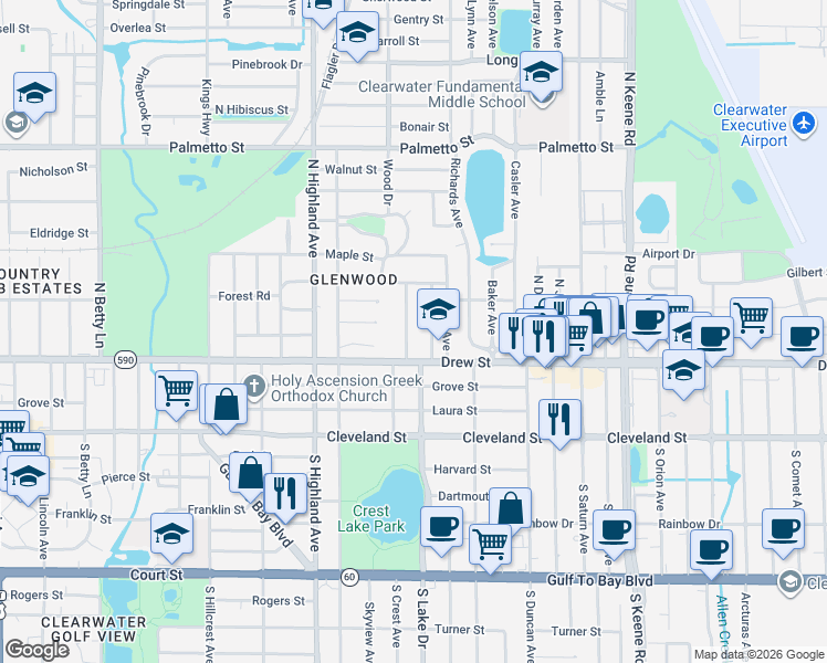 map of restaurants, bars, coffee shops, grocery stores, and more near 221 Edgewood Avenue in Clearwater