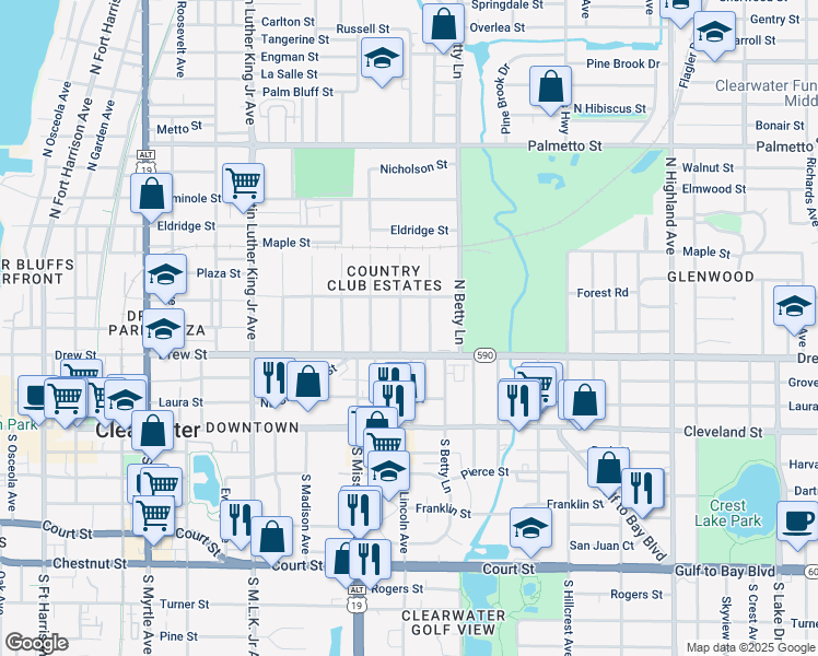 map of restaurants, bars, coffee shops, grocery stores, and more near 216 North Prescott Avenue in Clearwater