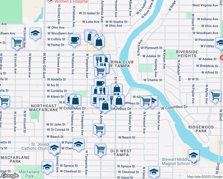 map of restaurants, bars, coffee shops, grocery stores, and more near 2311 West Cordelia Street in Tampa