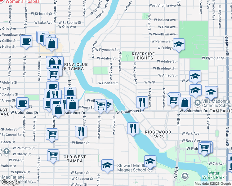 map of restaurants, bars, coffee shops, grocery stores, and more near 2780 North Riverside Drive in Tampa