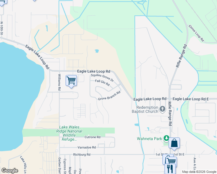map of restaurants, bars, coffee shops, grocery stores, and more near 124 Fall Glo Road in Winter Haven