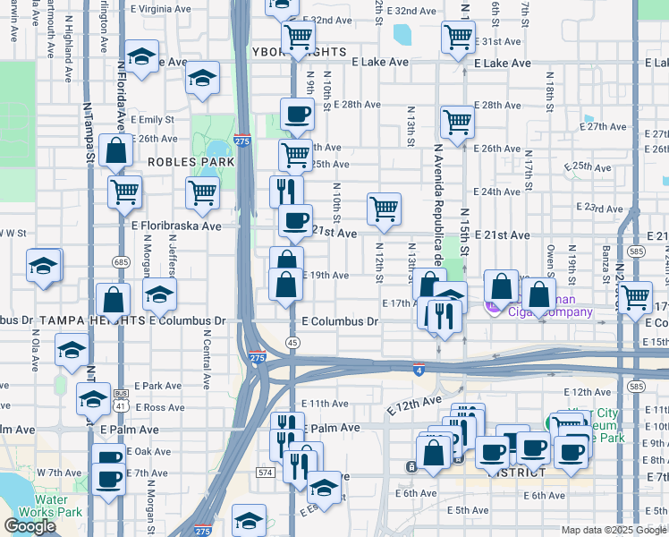 map of restaurants, bars, coffee shops, grocery stores, and more near 1000 East 19th Avenue in Tampa