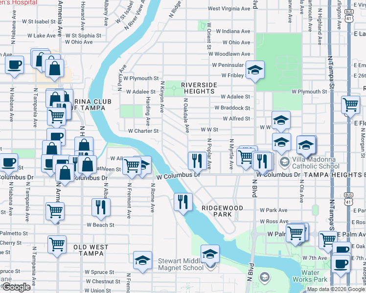 map of restaurants, bars, coffee shops, grocery stores, and more near 1008 West Charter Street in Tampa