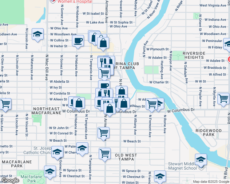 map of restaurants, bars, coffee shops, grocery stores, and more near 2311 West Cordelia Street in Tampa