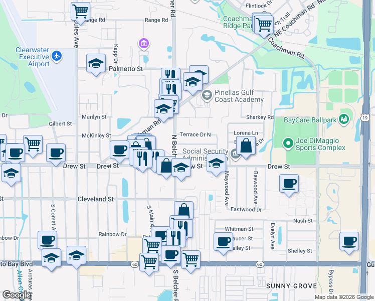 map of restaurants, bars, coffee shops, grocery stores, and more near 2240 Norman Drive in Clearwater