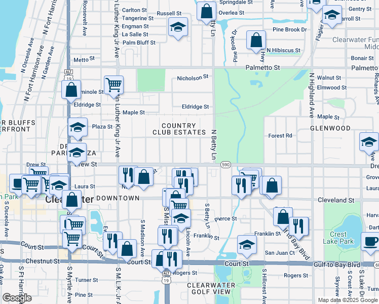 map of restaurants, bars, coffee shops, grocery stores, and more near 216 North Prescott Avenue in Clearwater