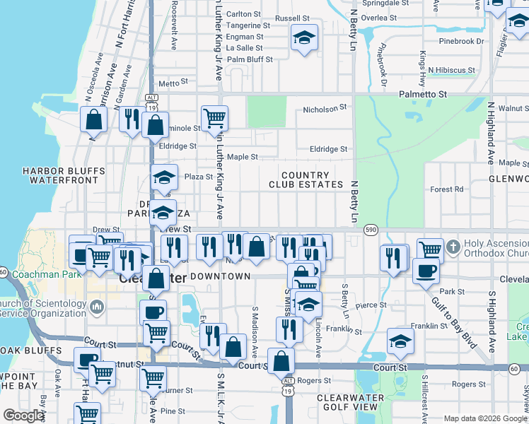 map of restaurants, bars, coffee shops, grocery stores, and more near 216 North Madison Avenue in Clearwater
