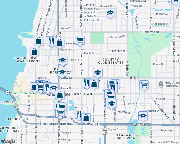 map of restaurants, bars, coffee shops, grocery stores, and more near 216 North Washington Avenue in Clearwater