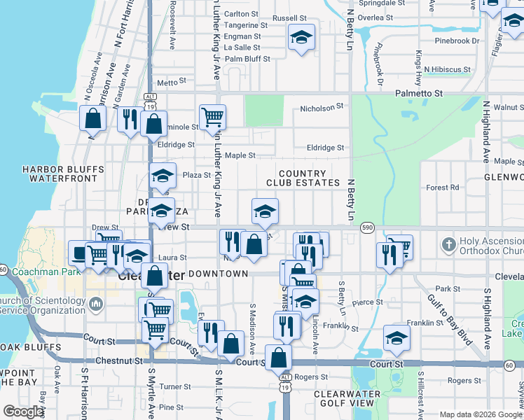 map of restaurants, bars, coffee shops, grocery stores, and more near 216 North Madison Avenue in Clearwater