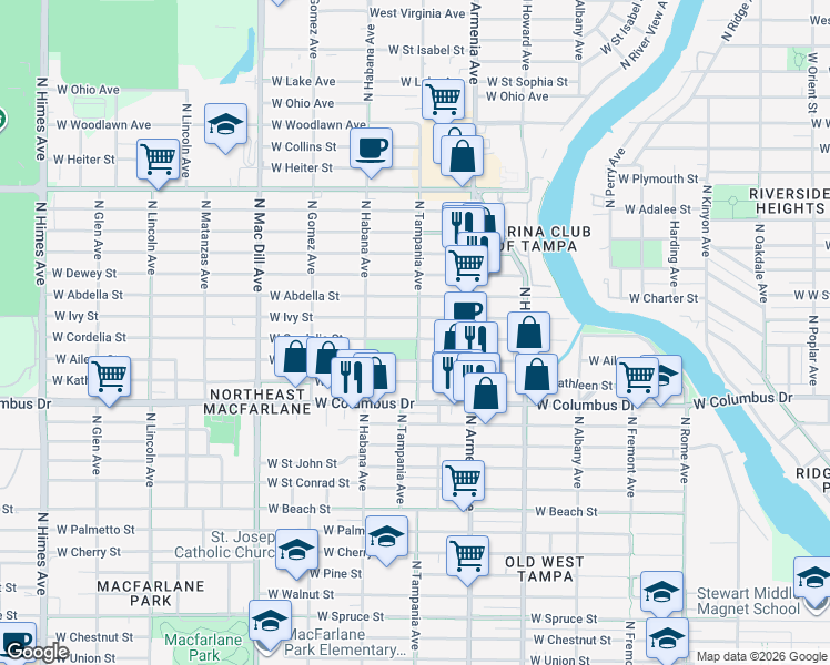 map of restaurants, bars, coffee shops, grocery stores, and more near 2519 West Cordelia Street in Tampa