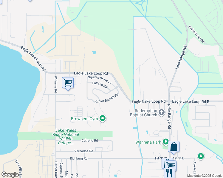 map of restaurants, bars, coffee shops, grocery stores, and more near 101 Fall Glo Road in Winter Haven