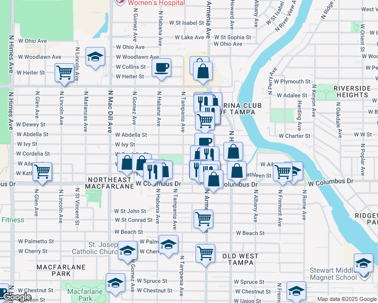 map of restaurants, bars, coffee shops, grocery stores, and more near 2519 West Cordelia Street in Tampa