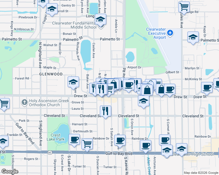 map of restaurants, bars, coffee shops, grocery stores, and more near 227 North Jupiter Avenue in Clearwater