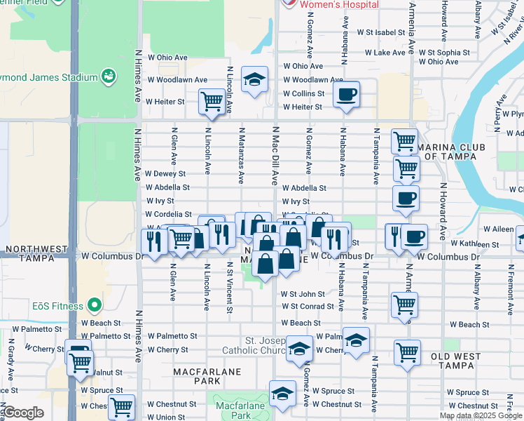 map of restaurants, bars, coffee shops, grocery stores, and more near 3109 West Cordelia Street in Tampa