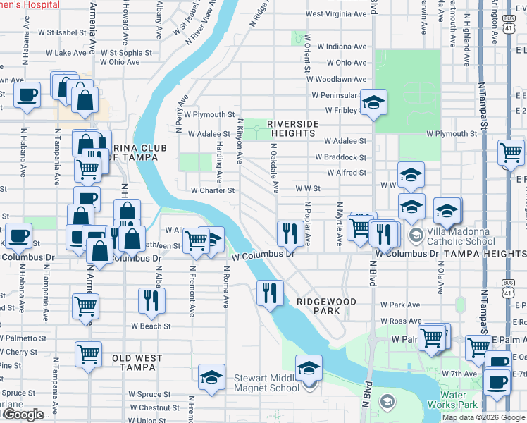 map of restaurants, bars, coffee shops, grocery stores, and more near 1008 West Charter Street in Tampa