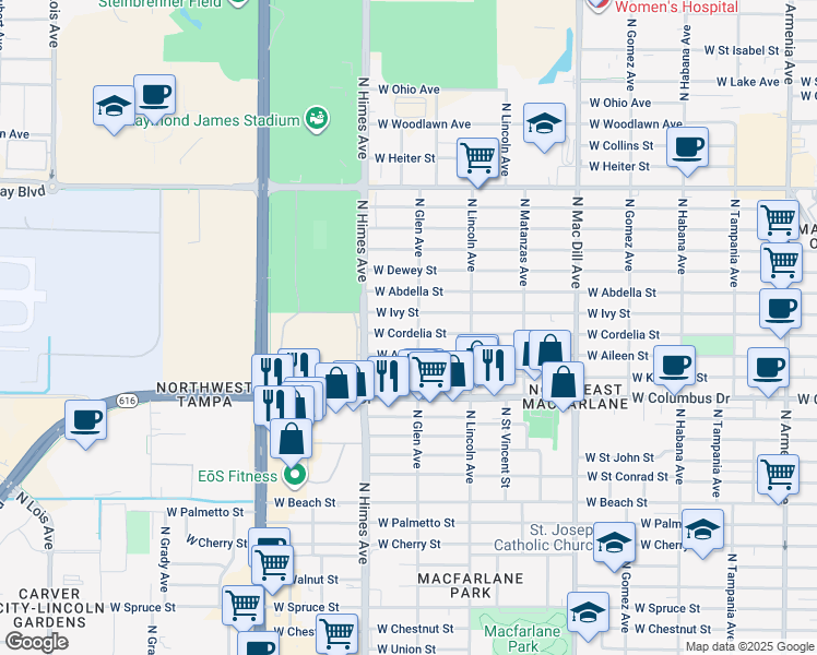 map of restaurants, bars, coffee shops, grocery stores, and more near 3407 West Cordelia Street in Tampa