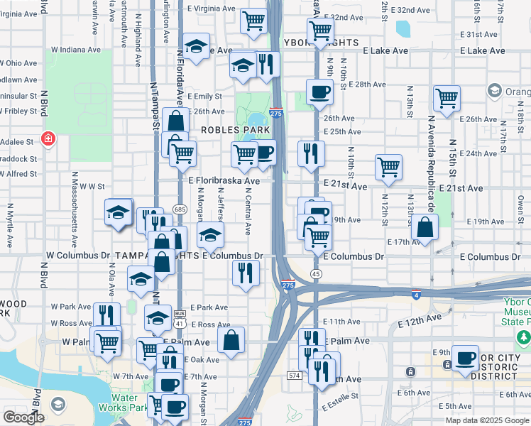 map of restaurants, bars, coffee shops, grocery stores, and more near 2824 North Elmore Avenue in Tampa