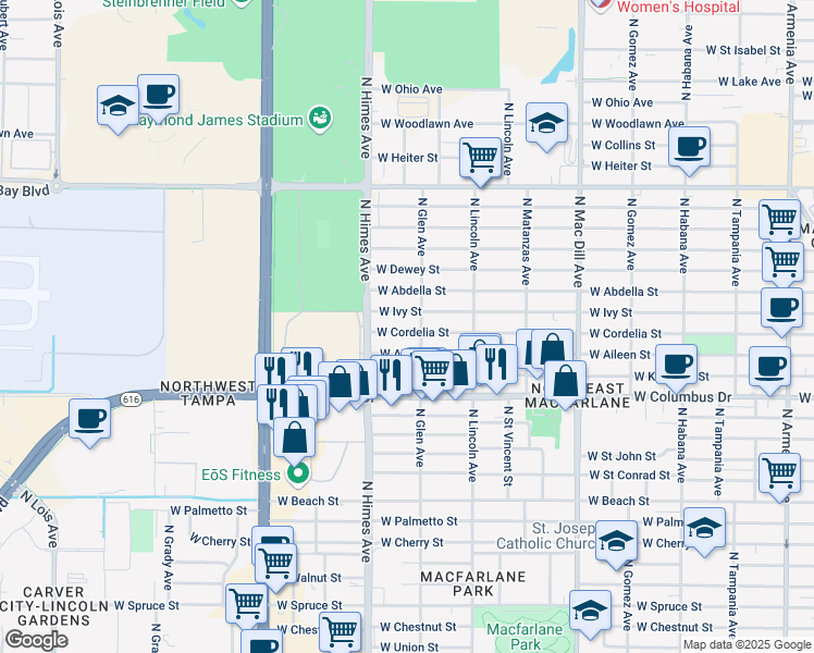 map of restaurants, bars, coffee shops, grocery stores, and more near 3407 West Cordelia Street in Tampa