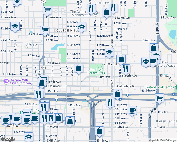 map of restaurants, bars, coffee shops, grocery stores, and more near 2918 East 19th Avenue in Tampa