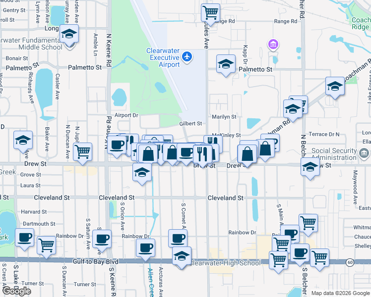 map of restaurants, bars, coffee shops, grocery stores, and more near 1944 Harding Street in Clearwater