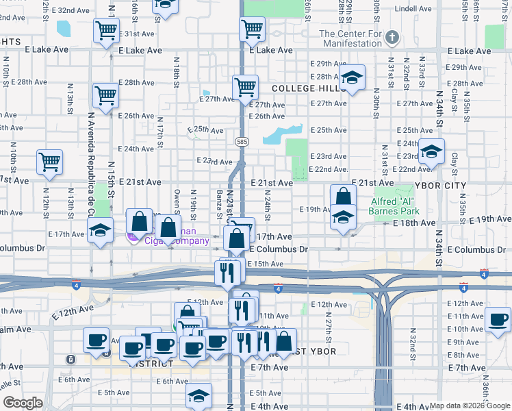 map of restaurants, bars, coffee shops, grocery stores, and more near 2214 East 19th Avenue in Tampa