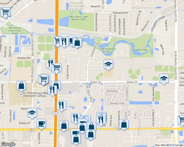 map of restaurants, bars, coffee shops, grocery stores, and more near 2750 Drew Street in Clearwater