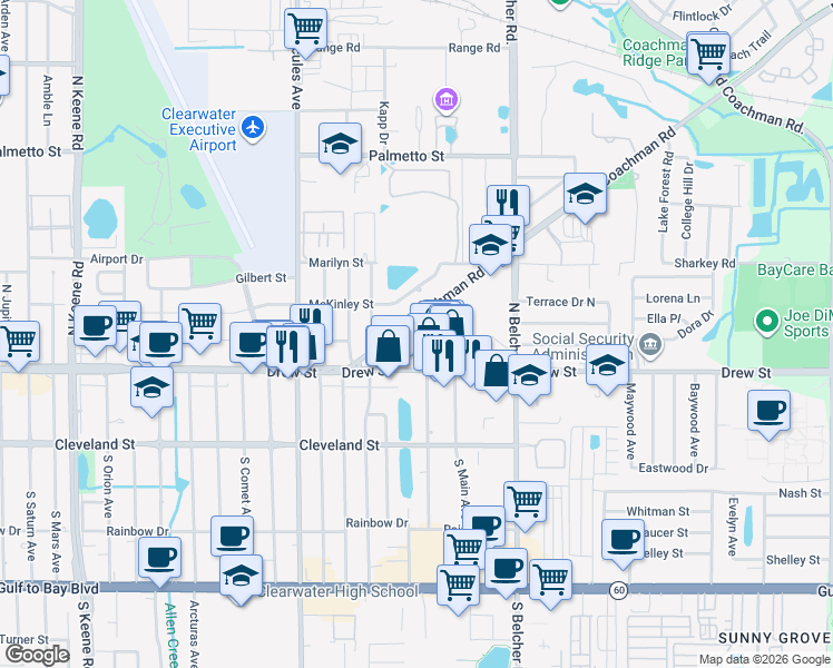 map of restaurants, bars, coffee shops, grocery stores, and more near 2123 Northeast Coachman Road in Clearwater