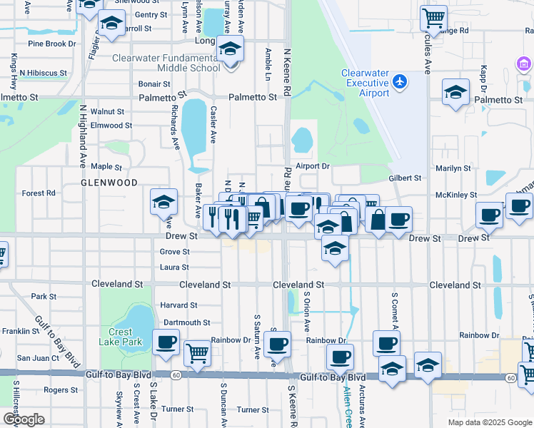 map of restaurants, bars, coffee shops, grocery stores, and more near 222 North Mars Avenue in Clearwater