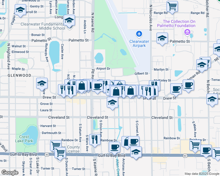 map of restaurants, bars, coffee shops, grocery stores, and more near 1870 Harding Street in Clearwater