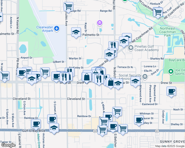 map of restaurants, bars, coffee shops, grocery stores, and more near 2123 Northeast Coachman Road in Clearwater