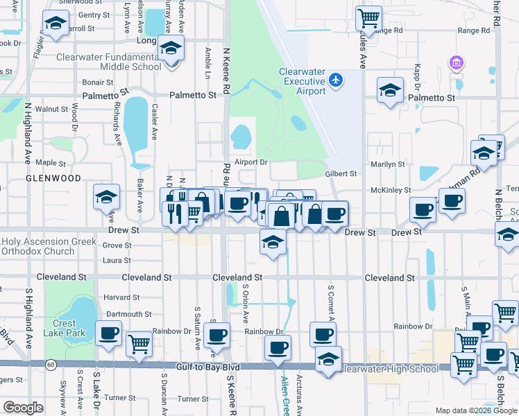 map of restaurants, bars, coffee shops, grocery stores, and more near 301 Feather Tree Drive in Clearwater