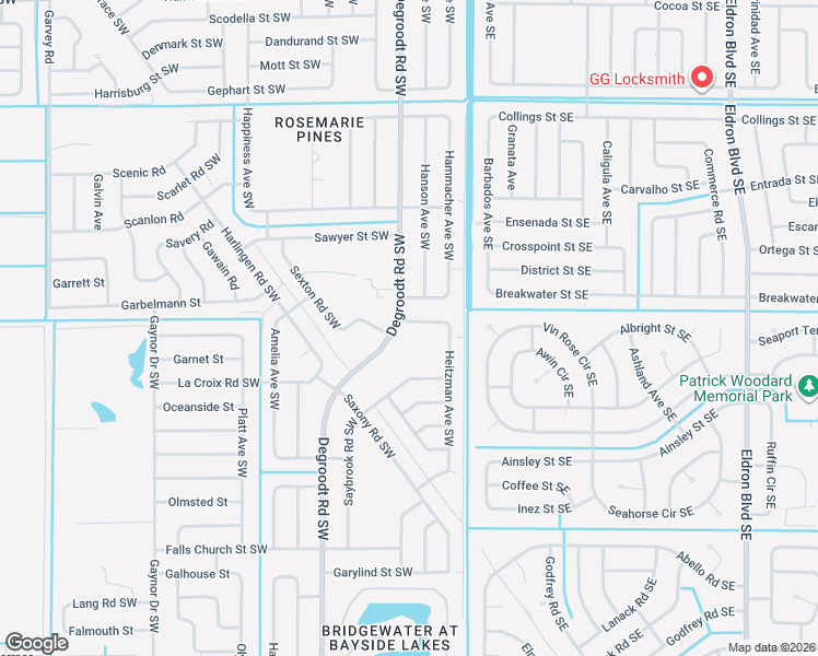 map of restaurants, bars, coffee shops, grocery stores, and more near 184 Galveston Street Southwest in Palm Bay