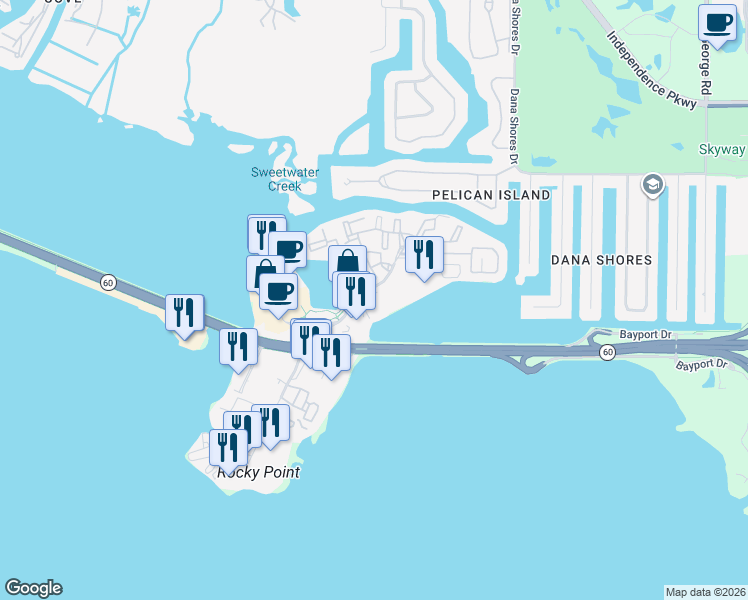 map of restaurants, bars, coffee shops, grocery stores, and more near 3050 North Rocky Point Drive in Tampa
