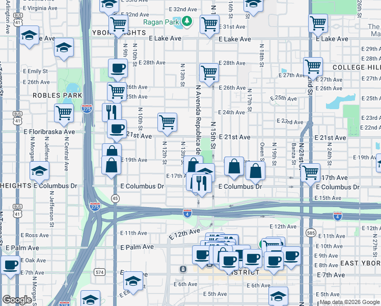 map of restaurants, bars, coffee shops, grocery stores, and more near 1314 East 19th Avenue in Tampa