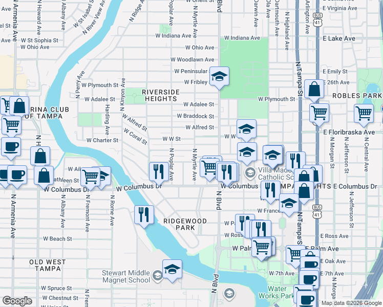 map of restaurants, bars, coffee shops, grocery stores, and more near 805 West Warren Avenue in Tampa