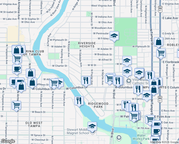 map of restaurants, bars, coffee shops, grocery stores, and more near 821 West Warren Avenue in Tampa