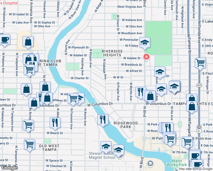 map of restaurants, bars, coffee shops, grocery stores, and more near 915 West Warren Avenue in Tampa