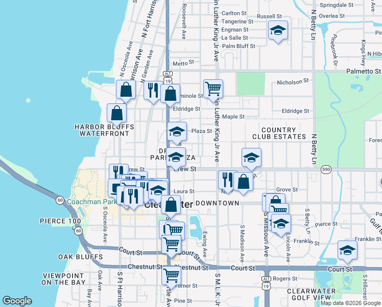 map of restaurants, bars, coffee shops, grocery stores, and more near 911 Jones Street in Clearwater