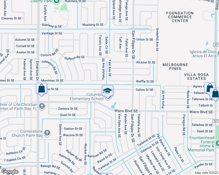 map of restaurants, bars, coffee shops, grocery stores, and more near 1181 Salina Street Southeast in Palm Bay