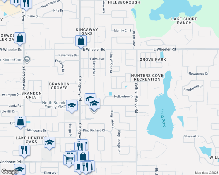 map of restaurants, bars, coffee shops, grocery stores, and more near 2815 Linden Tree Street in Seffner