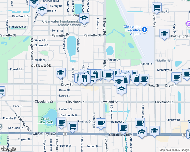 map of restaurants, bars, coffee shops, grocery stores, and more near 305 North Saturn Avenue in Clearwater