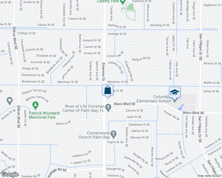 map of restaurants, bars, coffee shops, grocery stores, and more near 861 Salina Street Southeast in Palm Bay