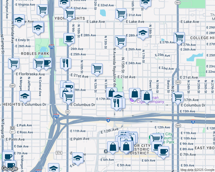 map of restaurants, bars, coffee shops, grocery stores, and more near 1222 East 19th Avenue in Tampa