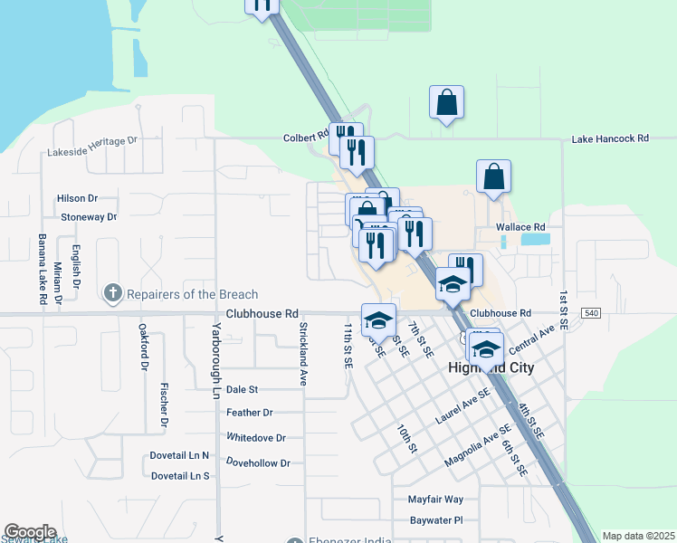 map of restaurants, bars, coffee shops, grocery stores, and more near 5462 Ariva Way in Lakeland