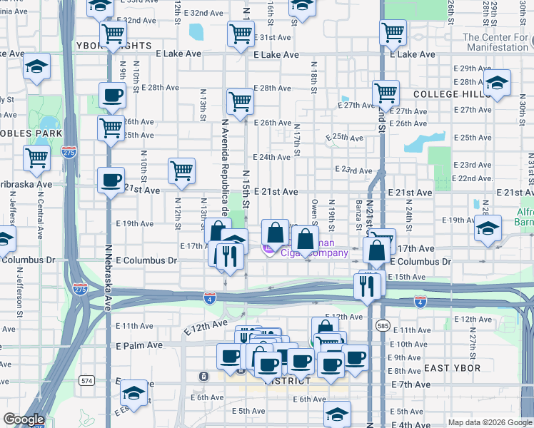 map of restaurants, bars, coffee shops, grocery stores, and more near 2904 North 16th Street in Tampa