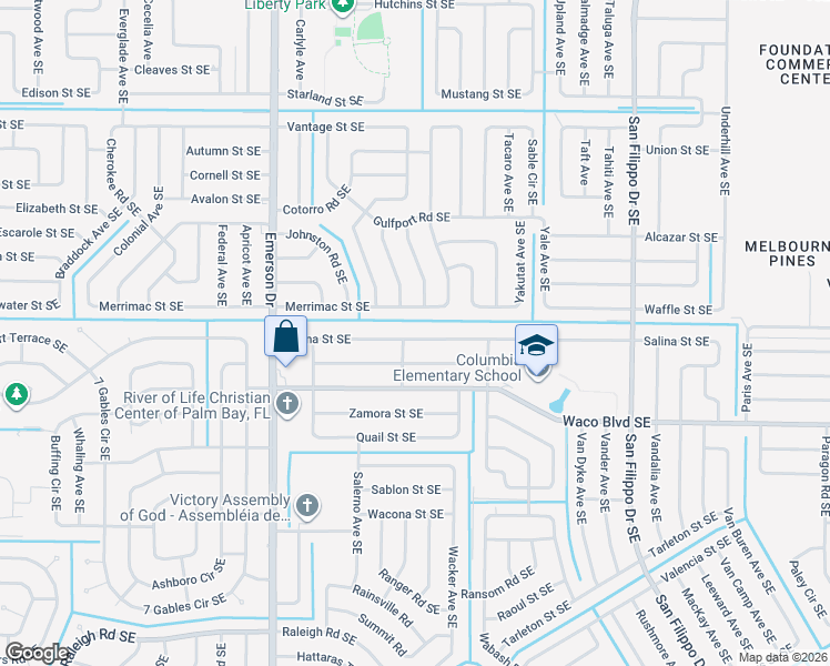 map of restaurants, bars, coffee shops, grocery stores, and more near 1020 Salina Street Southeast in Palm Bay