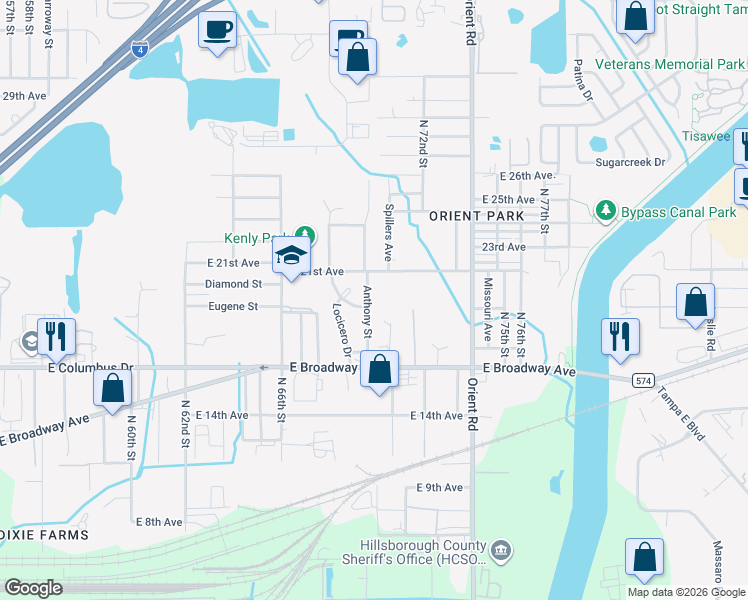 map of restaurants, bars, coffee shops, grocery stores, and more near 2819 Anthony Street in Tampa